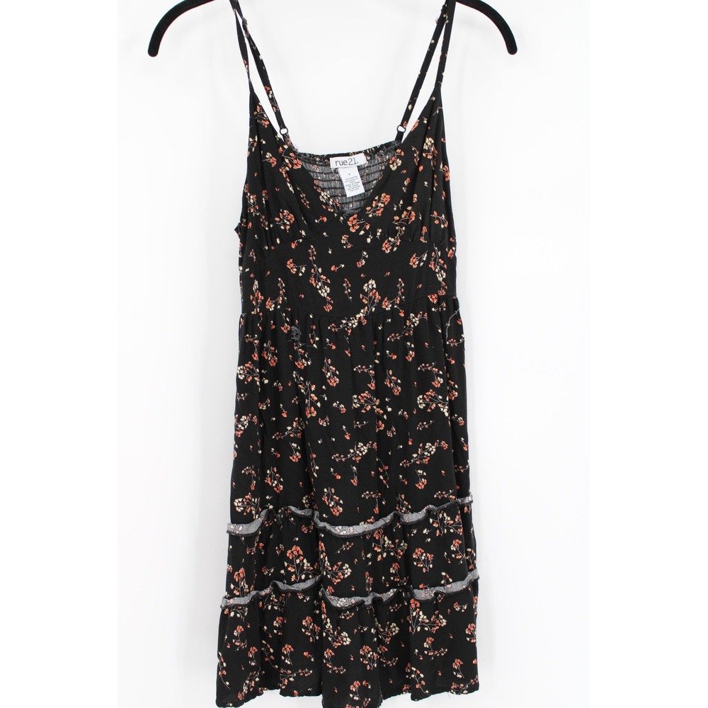 Rue21 Dress Womens Small Black Floral Tiered Sleeveless Sundress Mini Boho Rayon